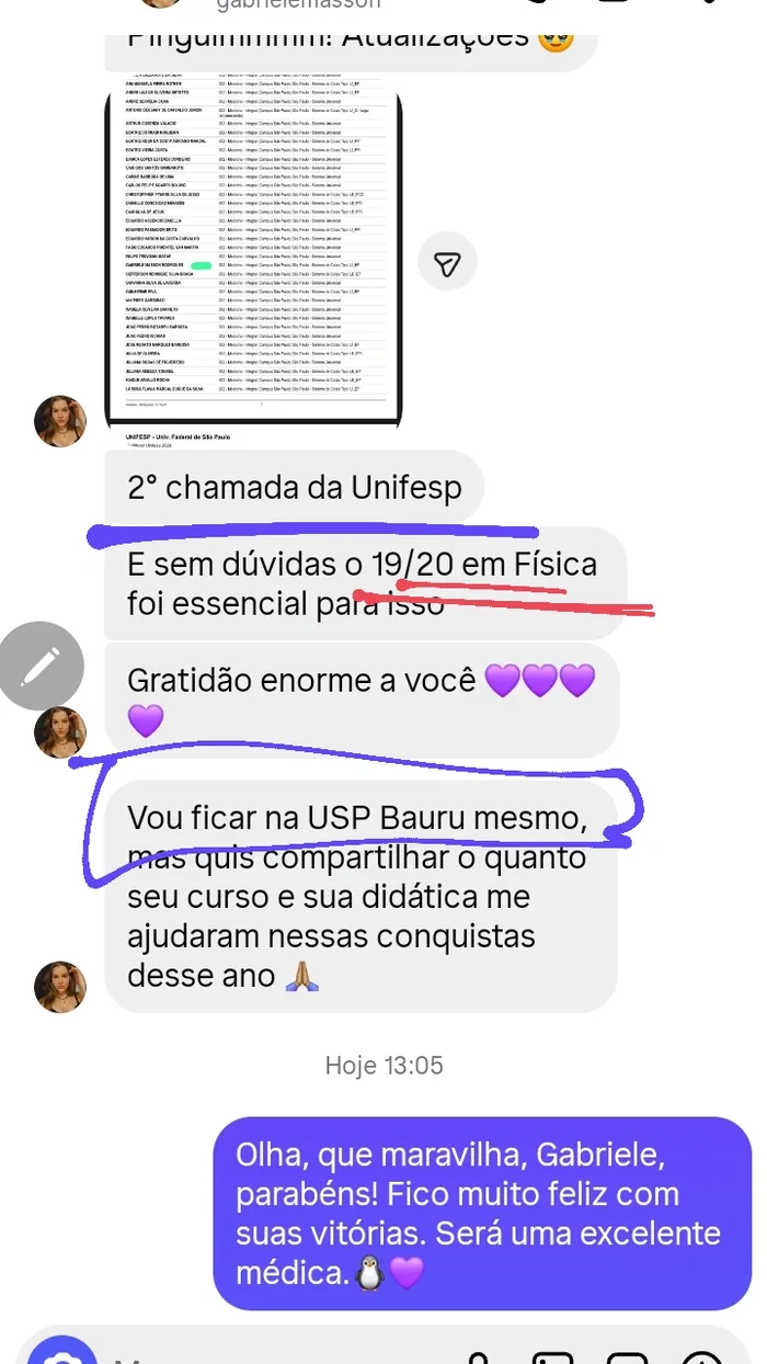 Print de conversa — Gabriele agradece após aprovação na 2ª chamada da UNIFESP