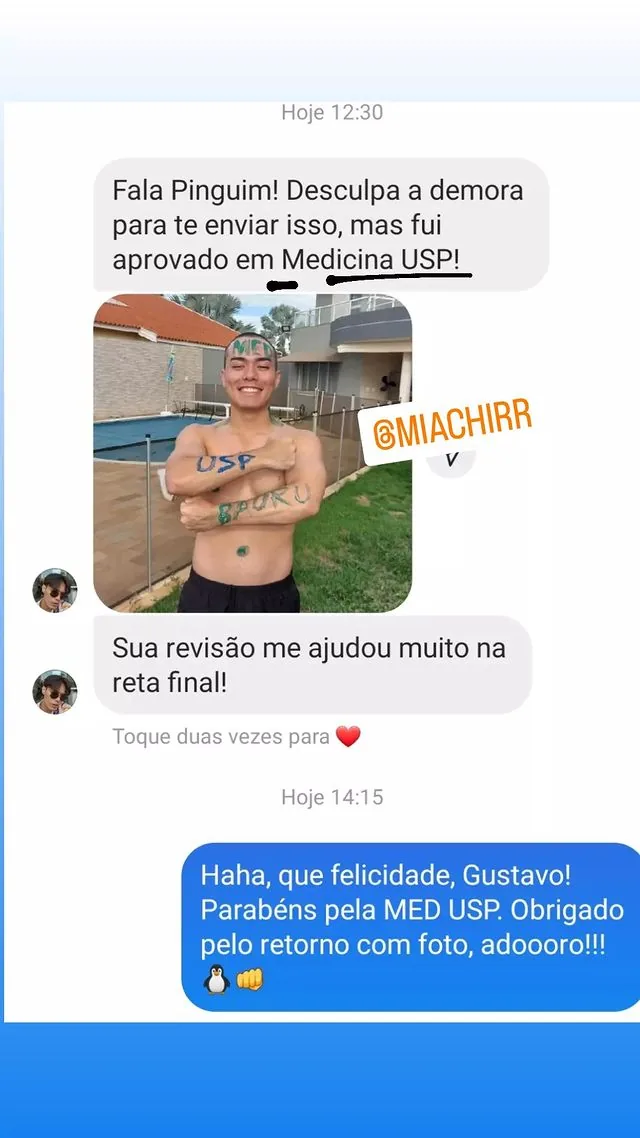 Print de conversa — Gustavo celebra aprovação em Medicina USP